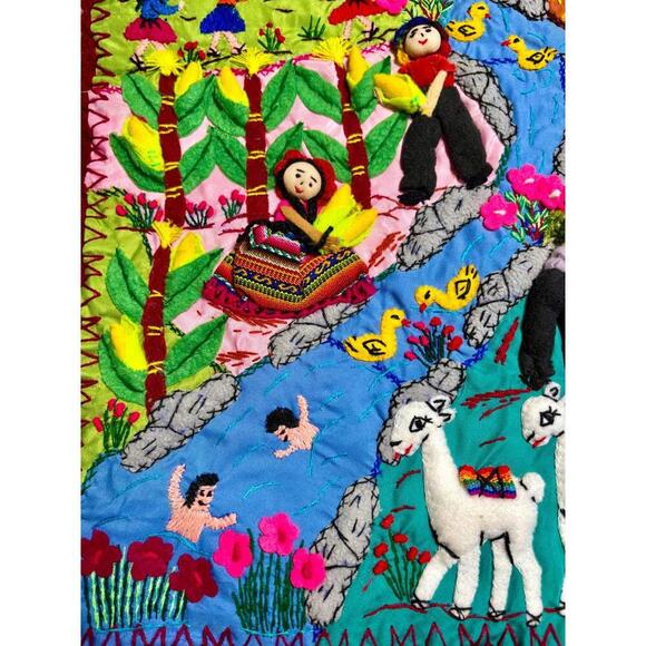 Handmade Peruvian Arpillera Wall Hanging Quilt 3D Folk Art Village Scene Decor - Picture 7 of 9